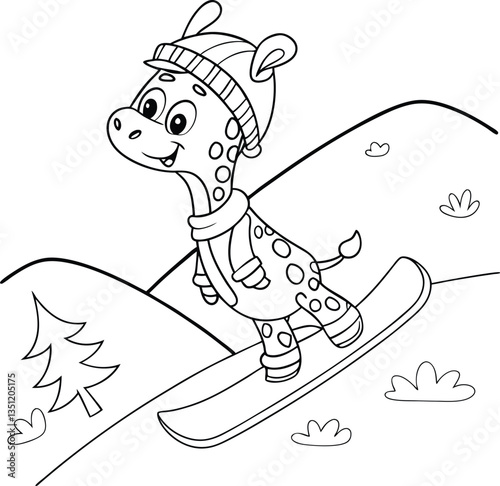 A snowboarder Giraffe riding down a snowy hill Coloring Page
