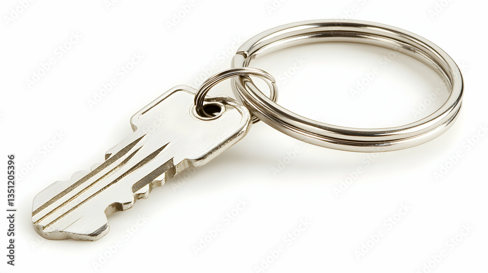 Silver key on keyring, white background, new home concept Silver key on keyring, white background, new home concept