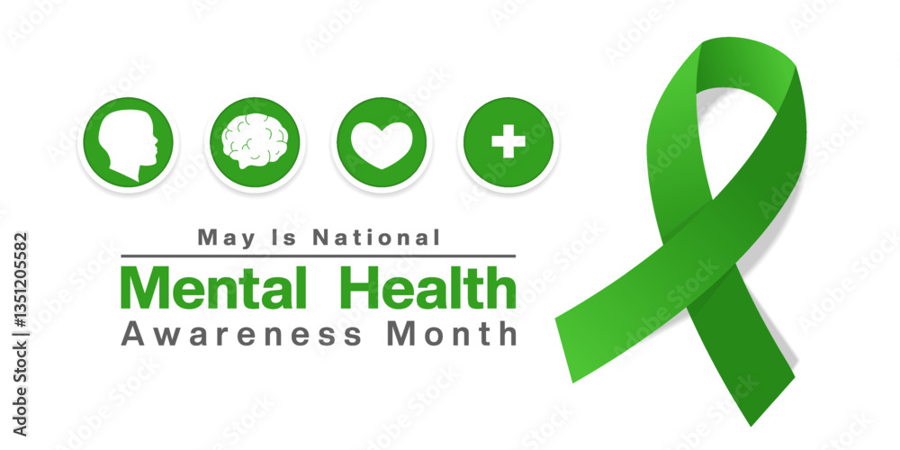 May Is National Mental Health Awareness Month. Human, brain, heart, plus icon and ribbon. Great for posters, banners, social media and more. White background. May Is National Mental Health Awareness Month. Human, brain, heart, plus icon and ribbon. Great for posters, banners, social media and more. White background.