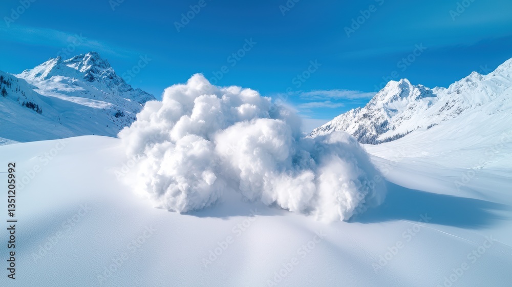 A dramatic snow avalanche cascades down a mountain, surrounded by a pristine winter landscape under a clear blue sky. A dramatic snow avalanche cascades down a mountain, surrounded by a pristine winter landscape under a clear blue sky.