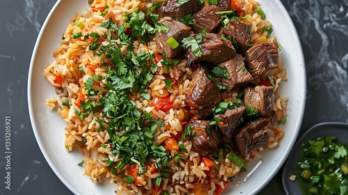 Somali bariis iskukaris spiced rice lamb neatly served on a white plate clean top down shot