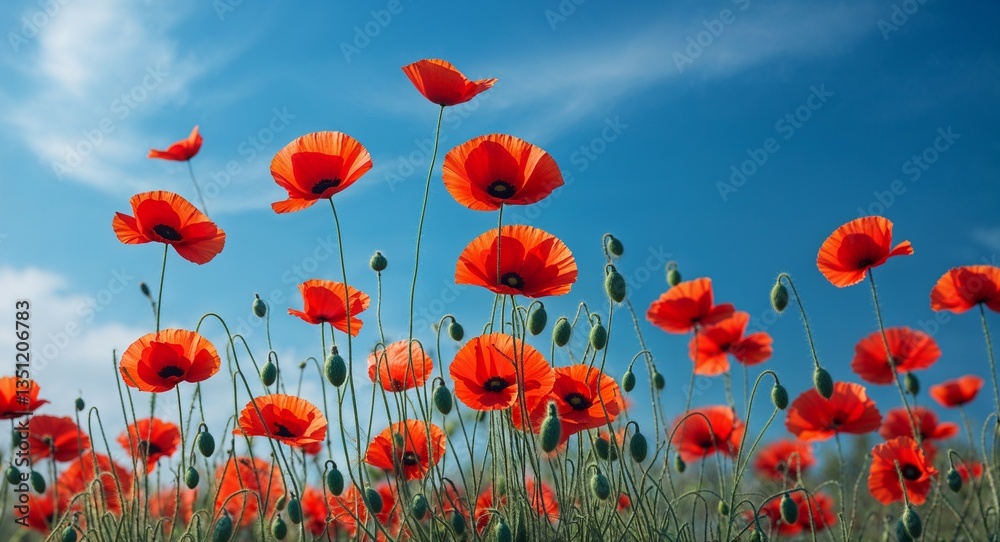 Obraz premium Vibrant red poppies swaying in gentle spring breeze under blue sky