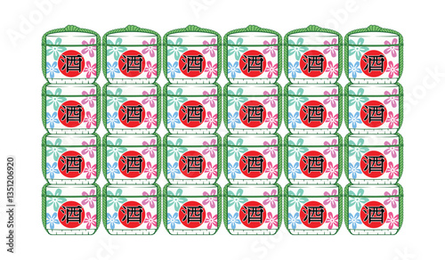 Stacked of Japanese liqueur in tradition barrel or bucket with Japanese text in red circle meaning sake - Japanese liqueur drawing in colorful cartoon vector