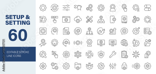 Setting Setup icon set. Containing option, installation, tool, gear, control, panel, equalizer, optimization, data and more. Editable line icons. Vector illustration.