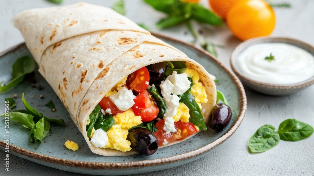 Fresh Mediterranean wrap with scrambled eggs, tomatoes, olives, and feta cheese on a ceramic plate. Fresh Mediterranean wrap with scrambled eggs, tomatoes, olives, and feta cheese on a ceramic plate.