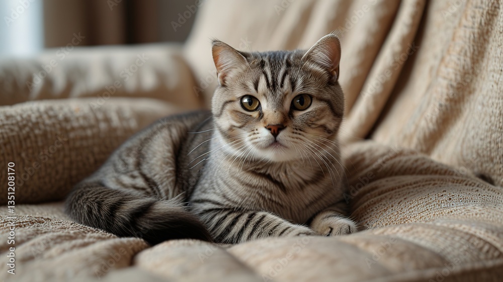 Cute scottish fold cat with beautiful eyes lying on textile sofa at home. Cute scottish fold cat with beautiful eyes lying on textile sofa at home.