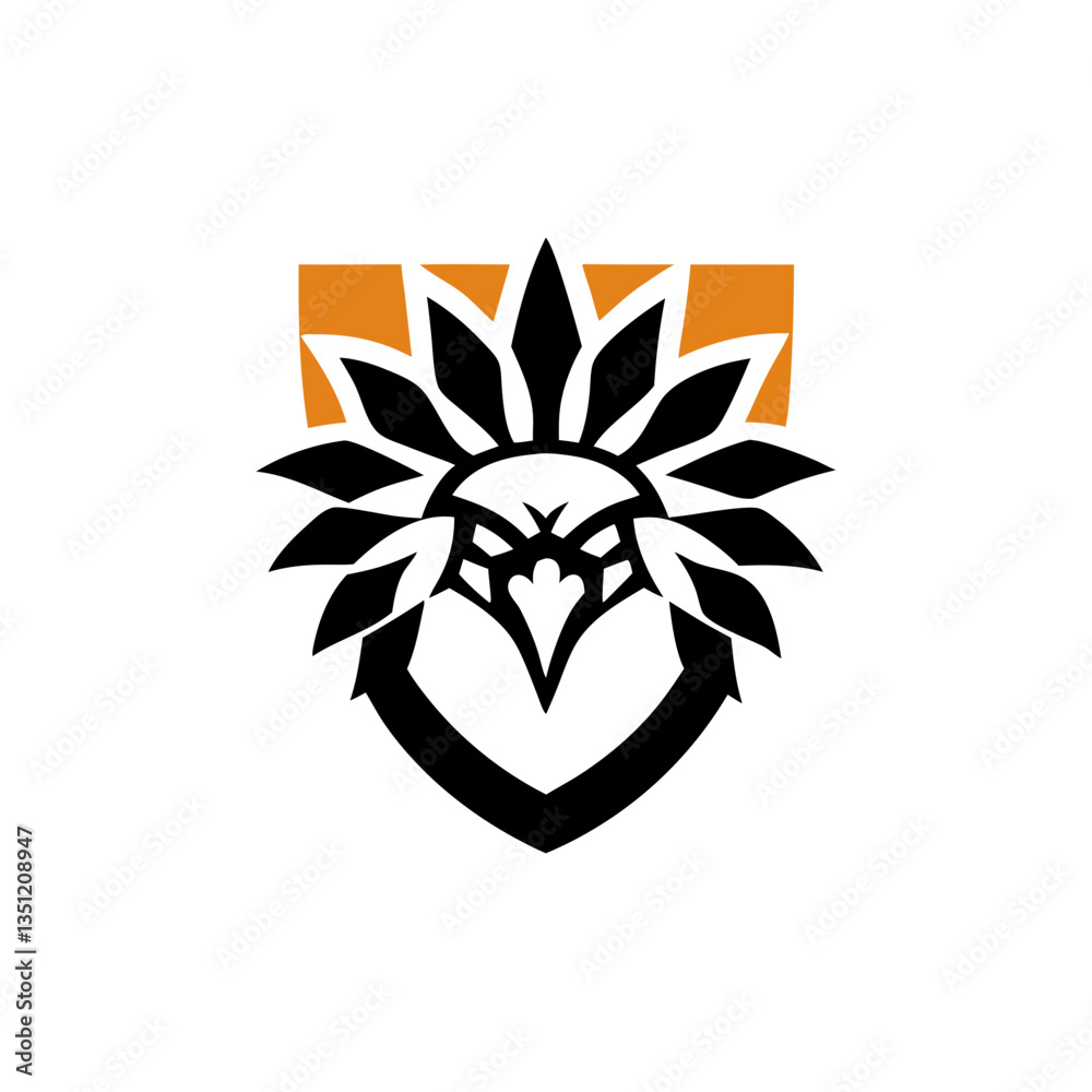 Obraz premium Black and Orange Tribal Bird in Shield for Team Logo, black, orange, tribal, bird, shield, team, logo, emblem, design, graphic, hawk, eagle, falcon, symbol, fierce, bold, strong, powerful, athletic