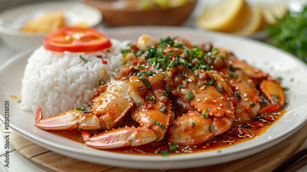 Singaporean chili crab claws served white rice bright red color popping against clean white background Singaporean chili crab claws served white rice bright red color popping against clean white background