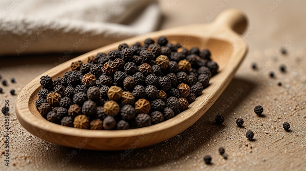 Black pepper in bow on table. Pile of ground black pepper.