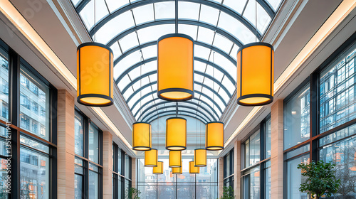 An upscale courtroom featuring an impressive glass dome ceiling and sleek furnishings, accented with natural wood tones