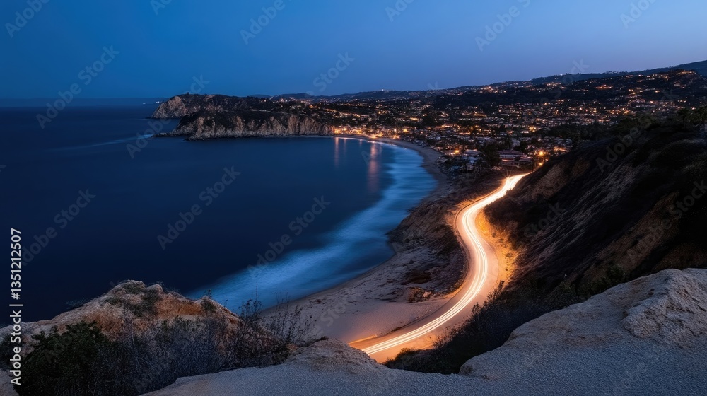 Fototapeta premium Winding coastal road with glowing car light trails curves along a sandy beach and bay next to a lit seaside town at twilight.