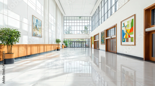 A sleek, modern courtroom interior featuring minimalist design elements, large glass walls allowing natural light to flood in, polished wooden accents