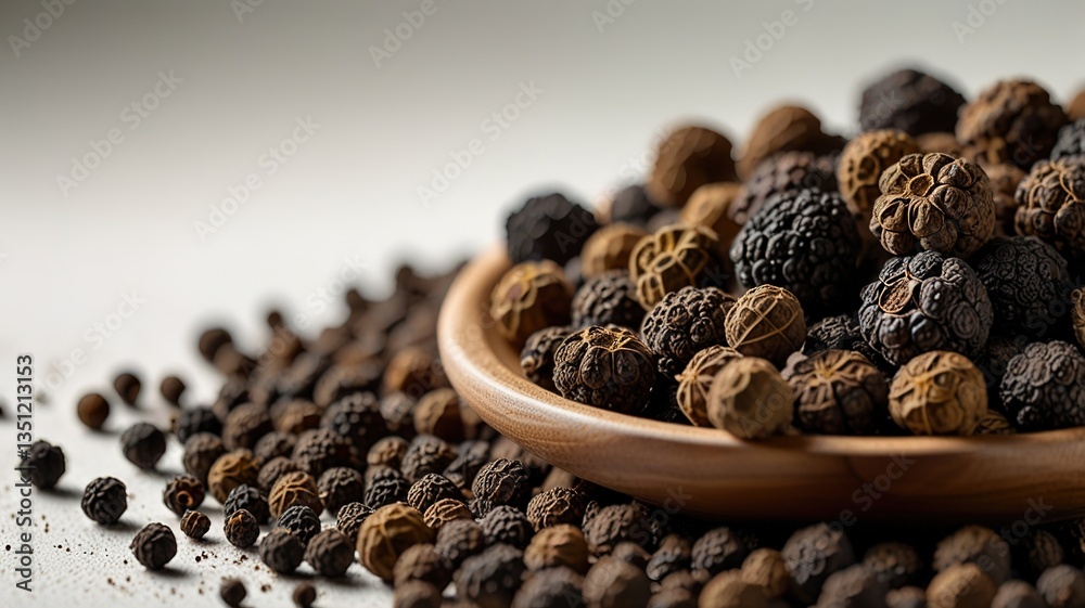 Black pepper in bow on table. Pile of ground black pepper. Black pepper in bow on table. Pile of ground black pepper.