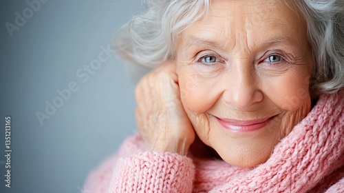 Joyful senior woman in pink sweater smiling gracefully