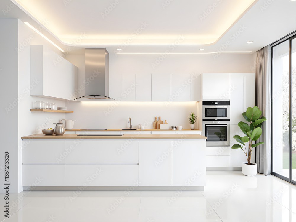 Fototapeta premium Simple home kitchen background, modern kitchen spacious dining room design scene illustration