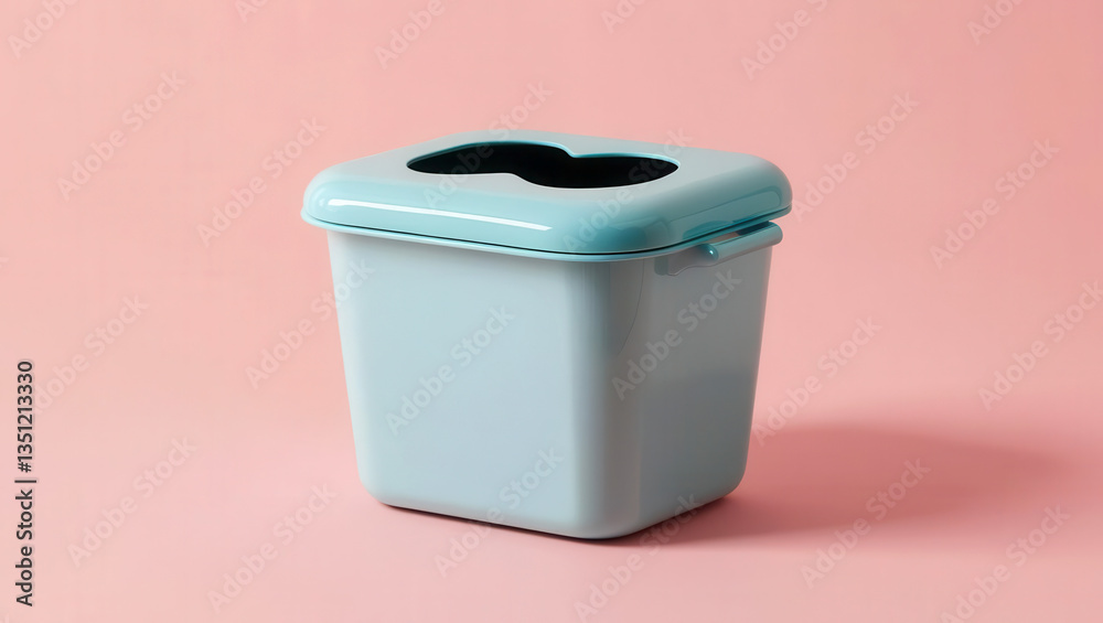 Low-carbon 3D concept. Modern blue trash bin with dual openings on a soft pink background. Low-carbon 3D concept. Modern blue trash bin with dual openings on a soft pink background.