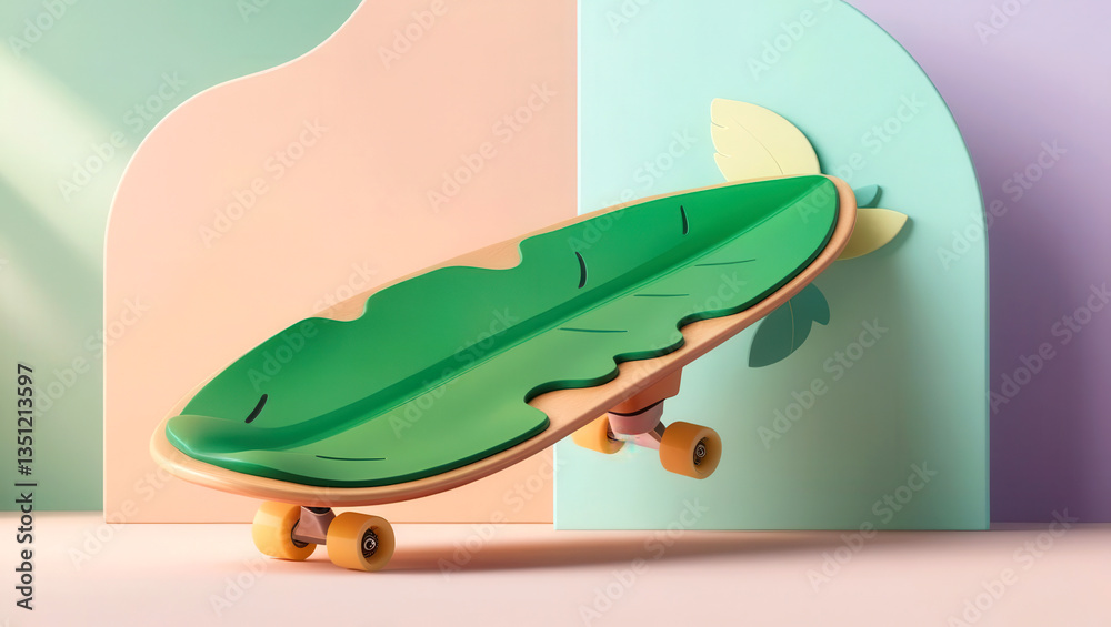 Fototapeta premium Low-carbon 3D concept. Skateboard designed as a leaf against pastel-colored backdrop.