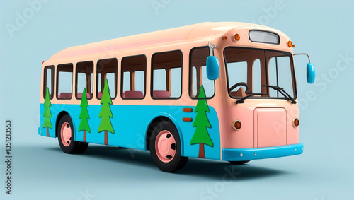 Low-carbon 3D concept. Colorful vintage bus with tree decals on a blue background.