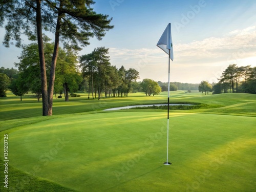 Golf hole with flag at beautiful green course nature landscape sunrise view ideal for golf lovers and enthusiasts