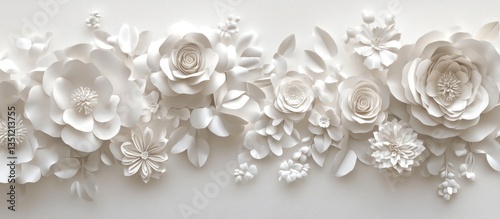 A 3D rendered mural of white paper flowers, roses, and peonies forming a floral background with soft, layered textures. The intricate design creates a modern and elegant wall display, ideal for home  