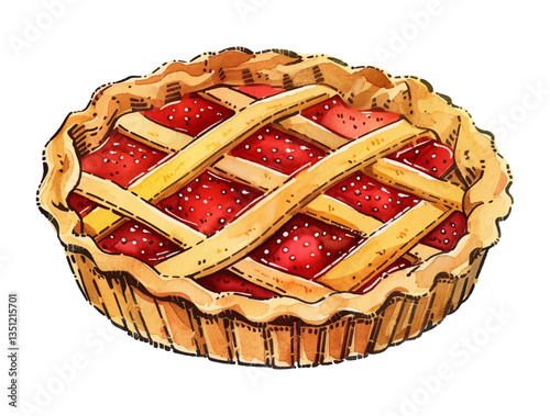 A watercolor painting of a round pie with a lattice crust filled with a red berry filling.