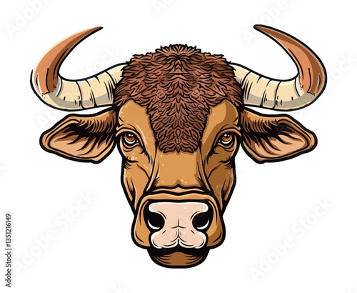 Front View of Brown Bull Head with Horns and Cute Expression on Black Background Vector Illustration