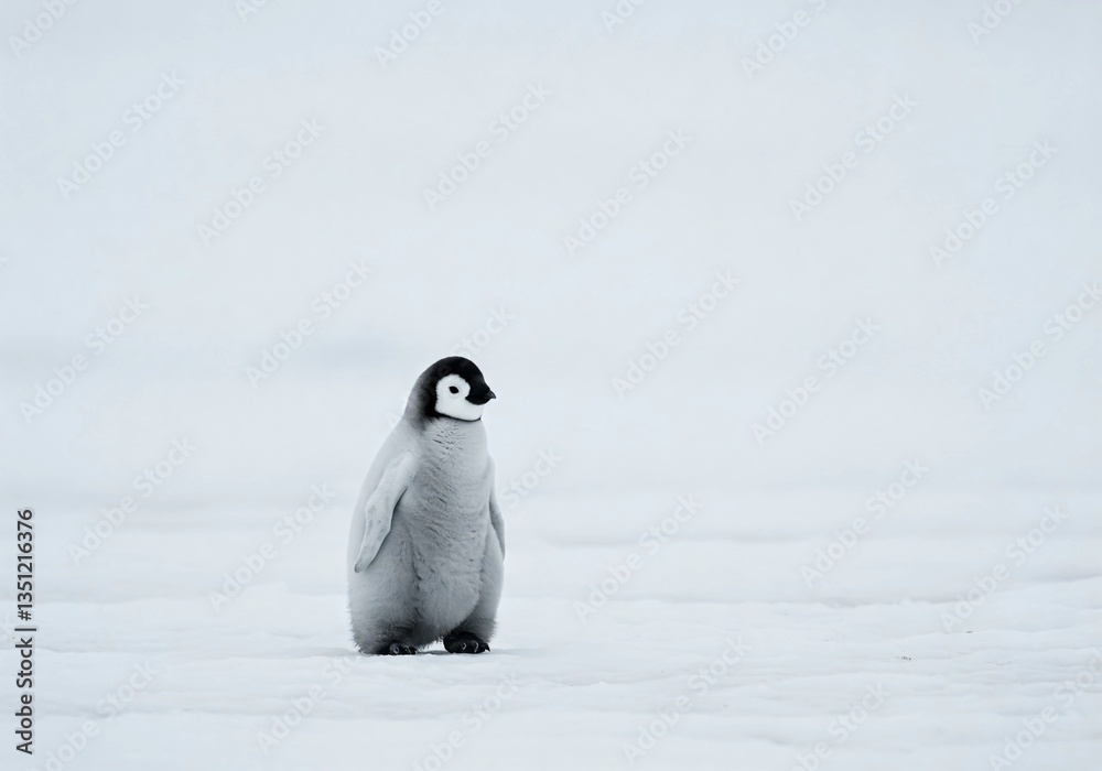 Fototapeta premium A fluffy emperor penguin chick stands on snowy ground in Antarctica. This adorable baby penguin showcases wildlife beauty in a cold, icy habitat, symbolizing nature, survival, and climate change.