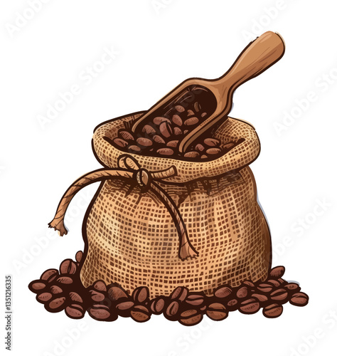 A jute bag overflowing with coffee beans, some spilled around it, and a wooden scoop rests inside.