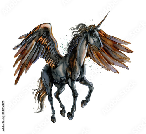 Elegant Dark Unicorn with Wings Watercolor Style, Standing and Showcasing its Majestic Form Isolated
