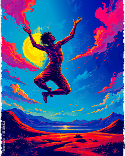 a painting of a person jumping in the air with a full moon in the background