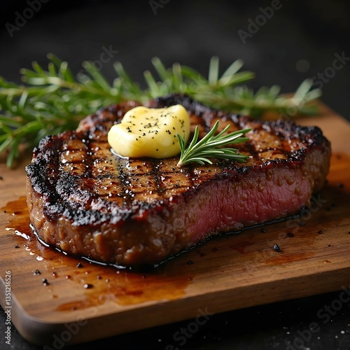 Grilled Ribeye Steak with Butter and Rosemary on Wooden Board