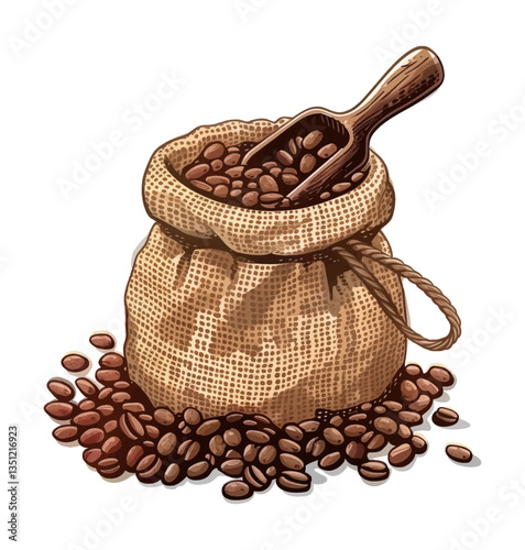 Coffee Beans Overflowing from Burlap Sack with Scoop on Black Background, Detailed Illustration