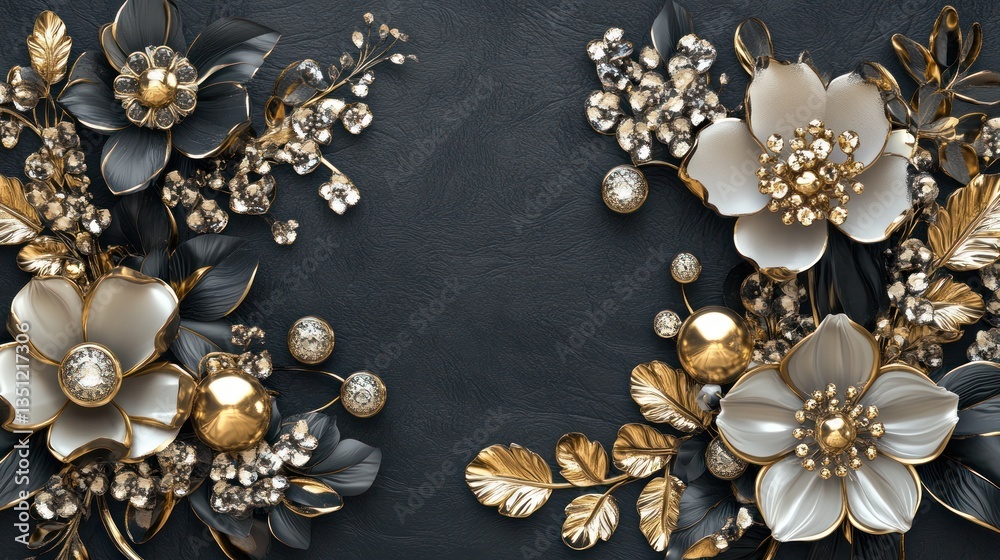 Fototapeta premium A 3D mural illustration with intricate golden jewelry and delicate flowers set against a dramatic black decorative wallpaper. The textured design adds 