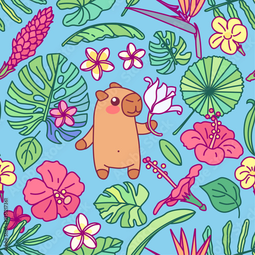 vector cute capybara seamless pattern. Cartoon clip art. Hand drown design element.