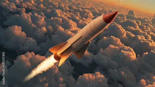 Rocket Soaring Above Cloudscape: A sleek rocket streaks upward, piercing through a sea of fluffy clouds, symbolizing progress, innovation, and reaching for the sky.