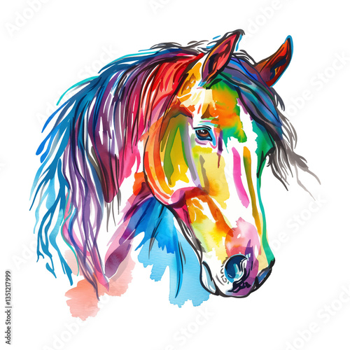 Colorful Watercolor Painting of Horse Head Portrait with Rainbow Colors and Detailed Eye on Black Background