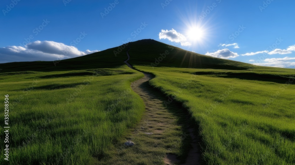 Fototapeta premium Winding dirt path leads up a lush green grassy hill under a bright sunny blue sky.
