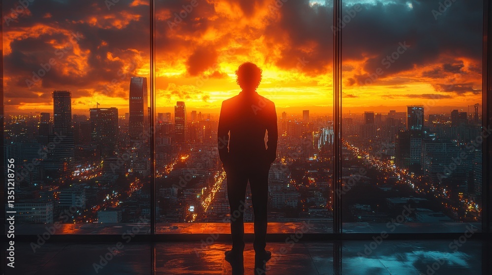 Silhouette of a Man at Sunset Over a Cityscape Silhouette of a Man at Sunset Over a Cityscape