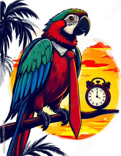 a parrot perched on a branch of a palm tree with a clock in the background