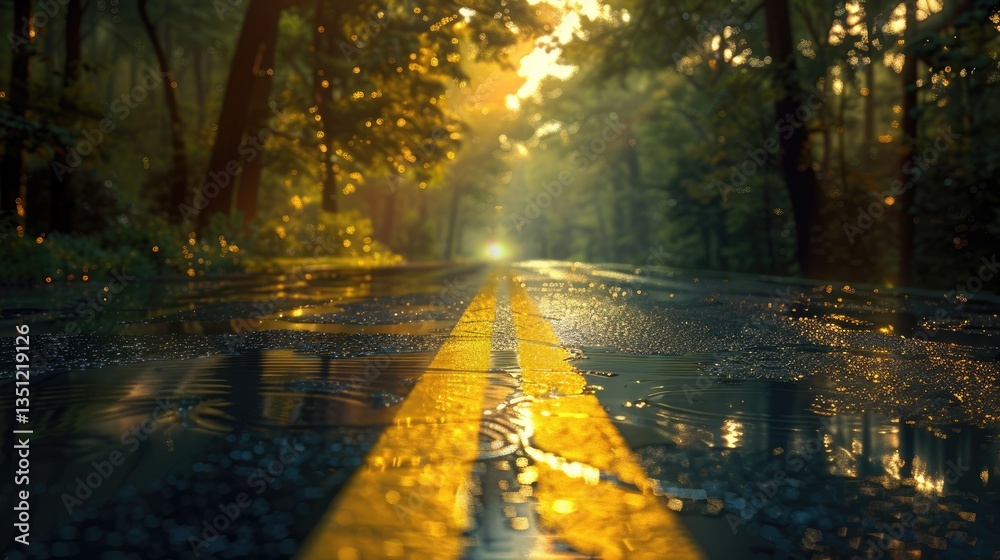 Obraz premium Sunlit Road Through Forest After Rain
