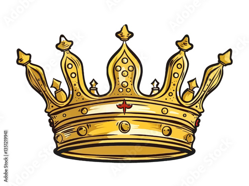 Golden Crown Isolated on Black Background with Detailed Line Art Style and Red Gemstone Accent
