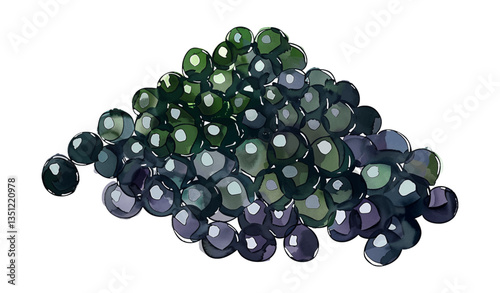 Pile of Caviar Eggs with Green and Purple Hues on Black Background in Watercolor Style