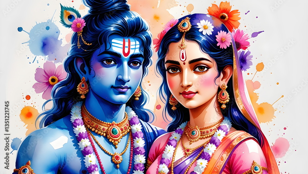 Fototapeta premium Watercolor Painting of Lord Krishna and Goddess Radha with Vibrant Colors