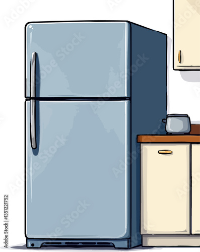 an illustration of a kitchen with refrigerators, cabinets, and a coffee maker