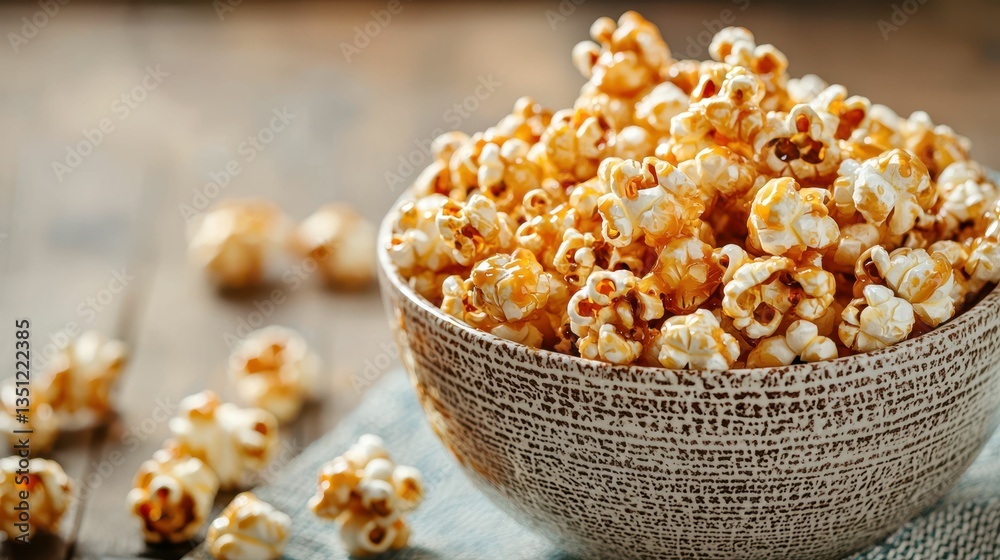 Crispy Popcorn Bowl with Sweet Caramel Glaze and Rustic Background Crispy Popcorn Bowl with Sweet Caramel Glaze and Rustic Background