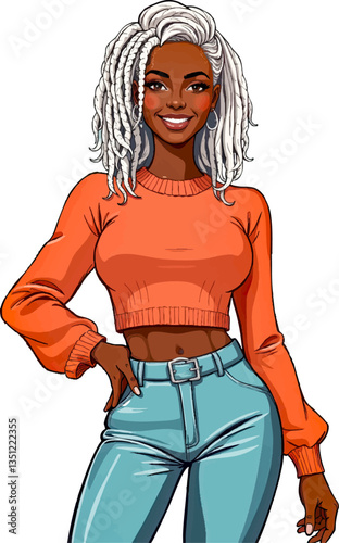 an illustration of a black woman with white hair wearing a crop top and high waist jeans