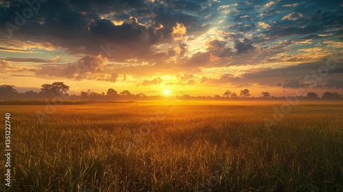 Breathtaking Sunrise Over Vast Countryside in Cambodia's Landscape