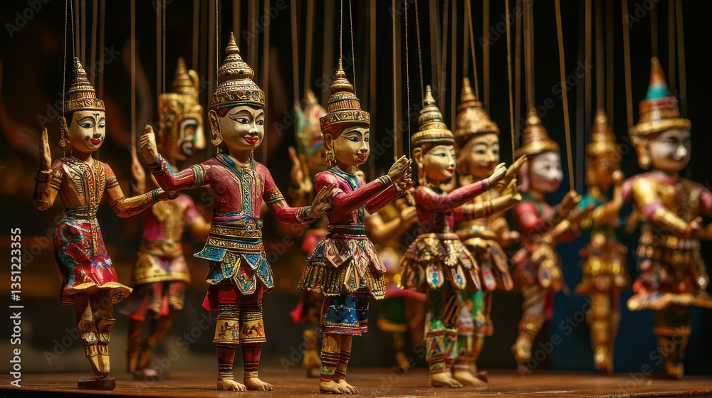 Fototapeta premium Traditional Cambodian Puppet Show with Hand-Carved Figurines