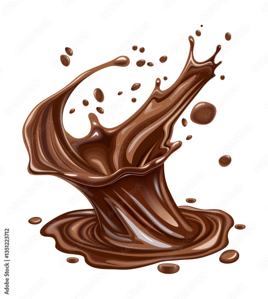 Chocolate splash with droplets on black background, smooth texture, creamy brown dessert illustration Chocolate splash with droplets on black background, smooth texture, creamy brown dessert illustration