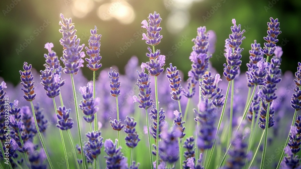 Fototapeta premium Vibrant purple lavender flowers in a field, bathed in warm sunlight.